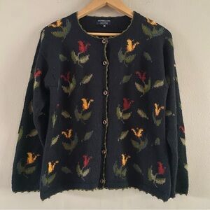 Vintage Silver Llama Peru Black Floral Alpaca Knit Cardigan Sweater Size MEDIUM